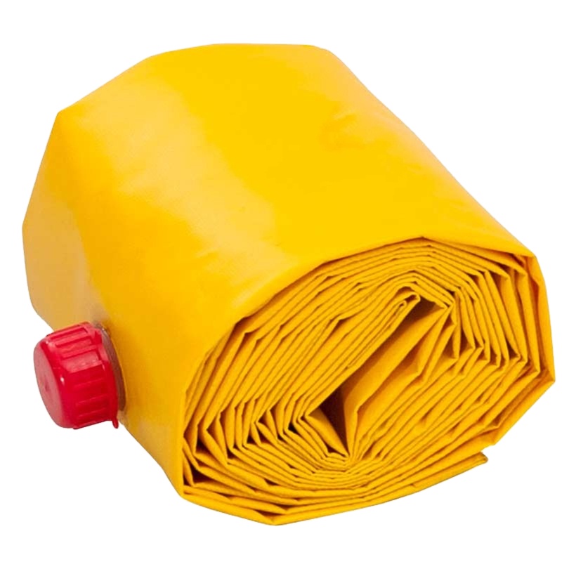 Yellow flood barrier rolled compactly with a red cap visible