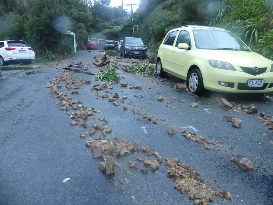 Flood debris scattered across a Wellington street in April 2026.