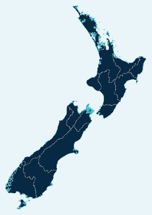 Dark navy map of New Zealand divided into its 16 regions